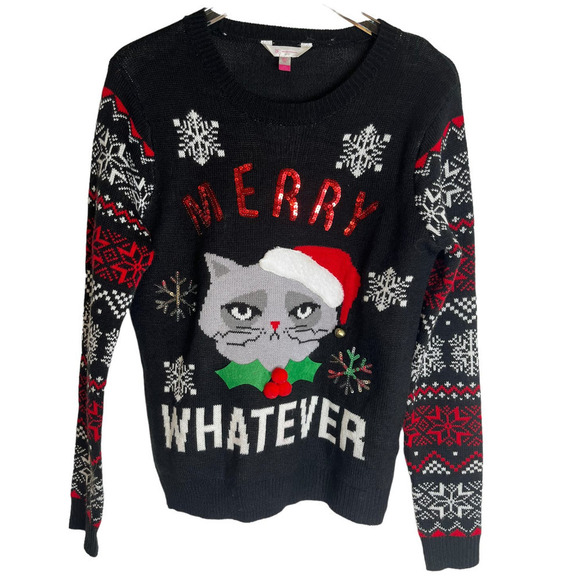 Grumpy Cat Ugly Christmas Merry Whatever Holiday Sequin Fair Isle Sweater - Picture 1 of 5